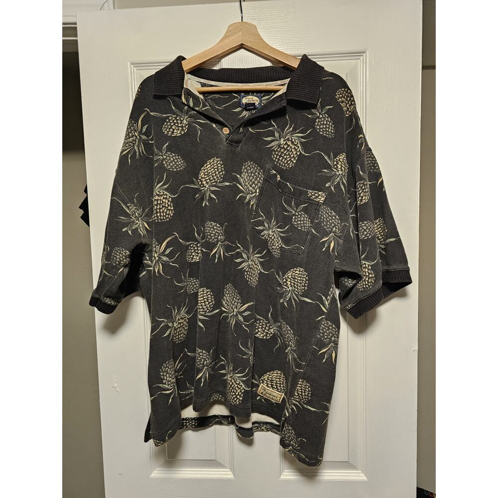 Tommy Bahama Polo Shirt Black Hawaiian Pineapple Cotton Mens X-Large